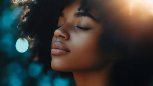 Serene portrait of young woman with natural hair in soft sunlight.