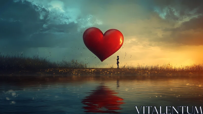 Solitary Figure Embracing Luminous Heart Against Tempestuous Sky.