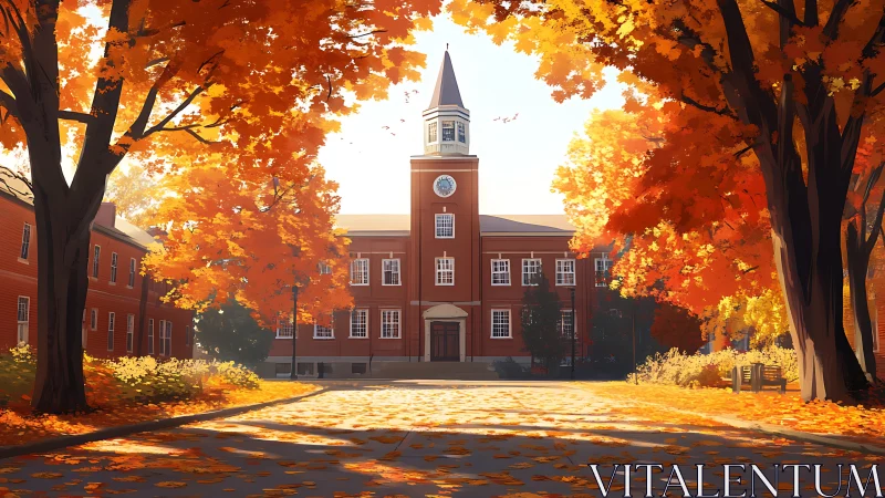 Red brick campus building stands beyond bright autumn trees