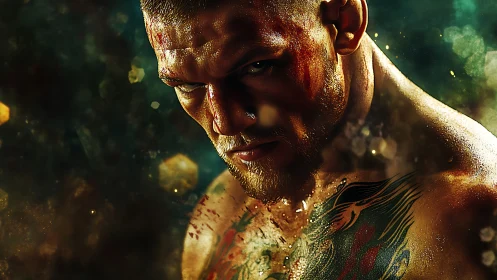 Bloodied mixed martial artist portrait with bokeh haze lighting