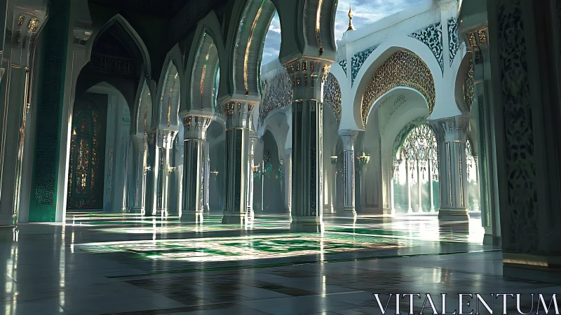 Sunlit emerald arcades in a tranquil palace of glass prayers.