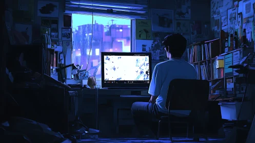 Solitary figure at computer in dim blue-lit studio room.