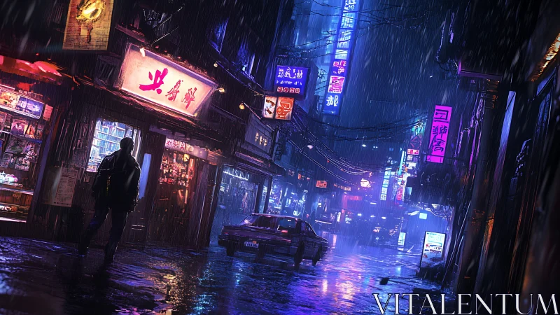 Neon rain stroll through a moody midnight city alleyway.
