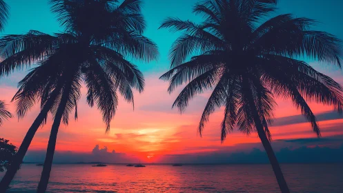 Tropical palm silhouettes frame neon sunset horizon seascape.