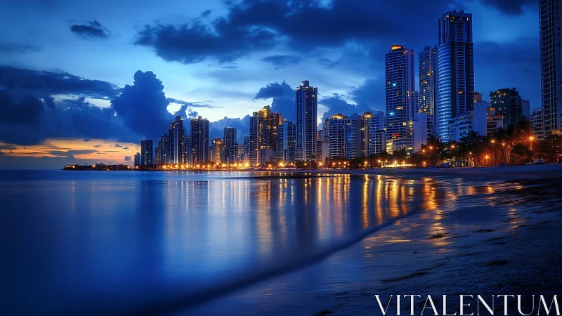 Twilight coastal skyline with glowing tower reflections at dusk.