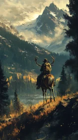 Lone rider overlooking misty alpine valley at sunrise.