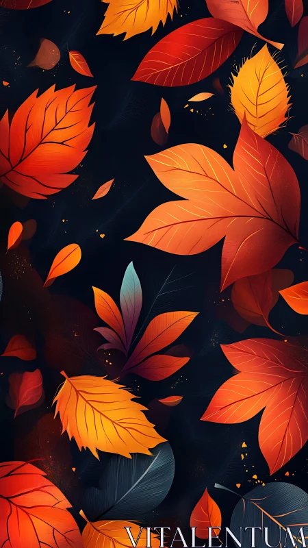 Autumn leaves in warm gradients float across dark background