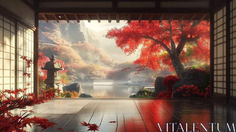 Autumn temple veranda gazes into a mist-kissed lakeside dream.