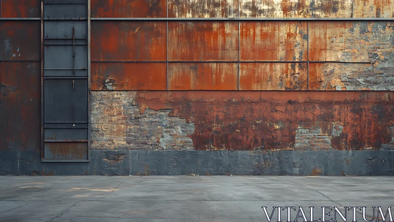 Rusty industrial wall with weathered brick and panels.