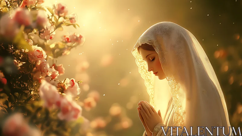 Serene veiled woman in golden rose garden light.