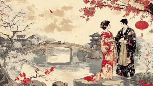 Traditional Japanese Courtyard Romance: Ukiyo-e Style Composition Study.