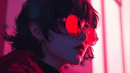 Neon-lit portrait isolates a stylized woman in crimson lenses