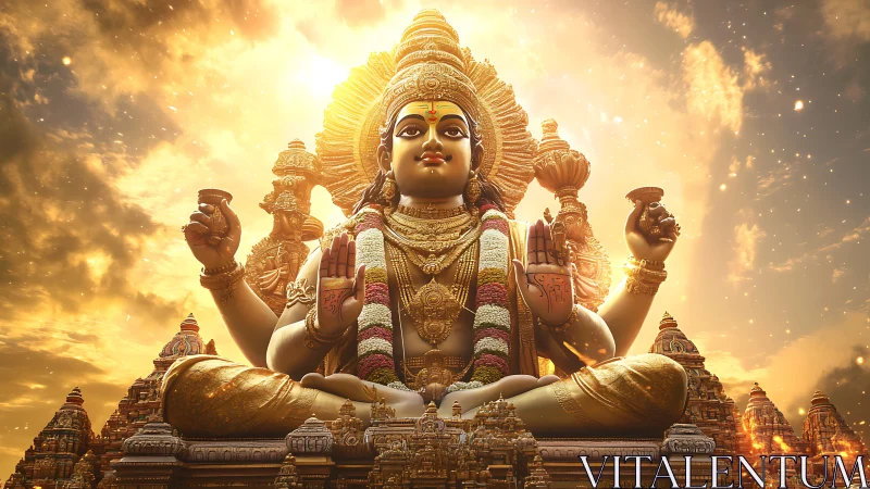Digital painting of radiant Hindu deity in celestial shrine.