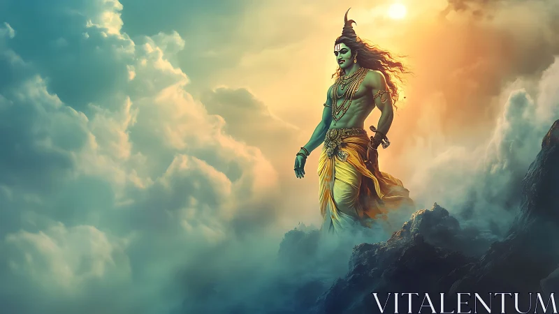 Divine warrior strides through misty clouds at sunrise