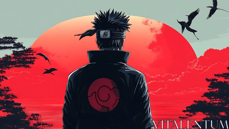 Solitary ninja greets a blazing red sunset sky in silence