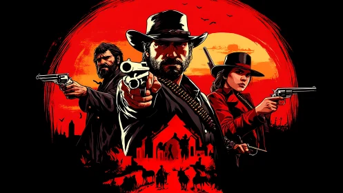 Gunslingers in crimson sunset forming a bold Western tableau.