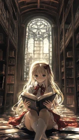 Girl reading book in tall library under stained glass window.