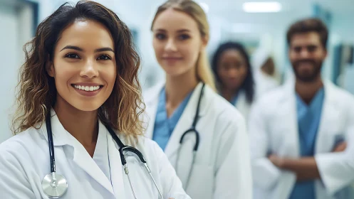 Confident Medical Team in Hospital Corridor, Modern Realism.