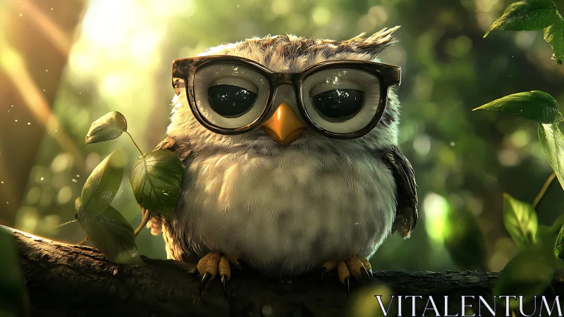 Cute cartoon owl with glasses in a sunlit forest, whimsical style.