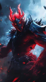 Infernal armored demon strides through swirling embers