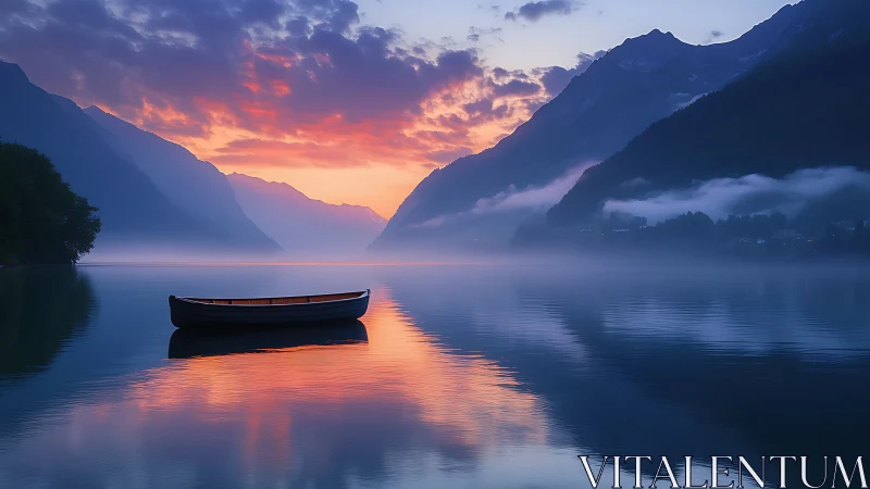Solitary rowboat floats on glassy alpine lake at vivid sunrise