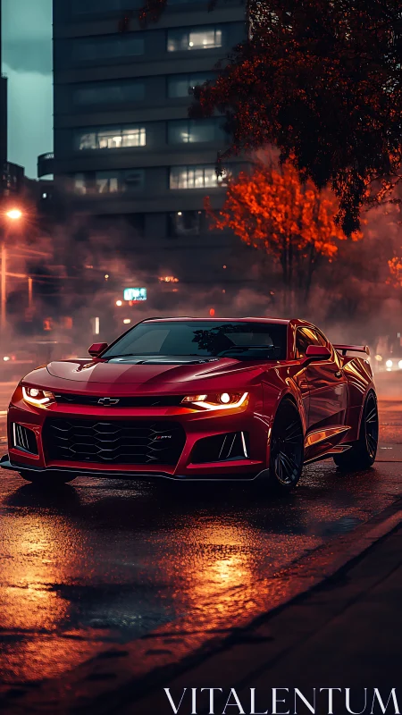 Red sports car glows on rainy neon city streets at dusk.