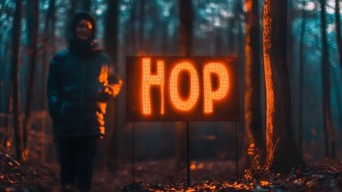 Illuminated HOP sign stands in a misty forest clearing