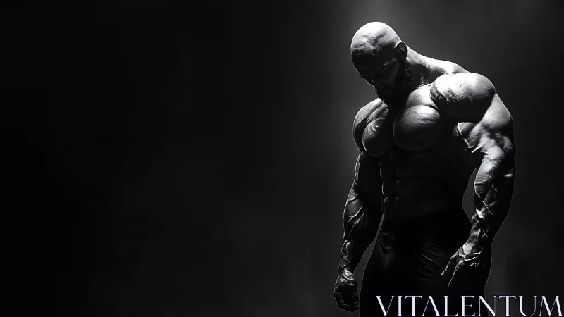 Monochrome muscular figure under dramatic rim lighting.