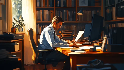 Professional Knowledge Worker Engaged with Computational Apparatus in Ambient Ochre Illumination Set