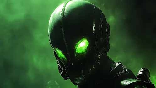 Biomechanical exosuit head with emissive crystal optic cores in toxic fog