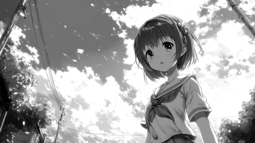 Monochrome anime schoolgirl under high-contrast summer sky