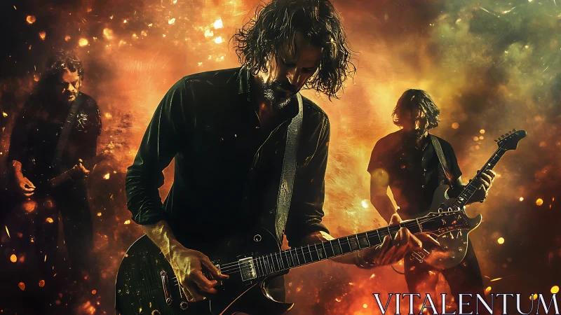 Photorealistic rock guitarist triptych in infernal stage lighting.