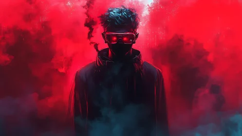 Neon ghost in crimson fog wearing future-forged visor.