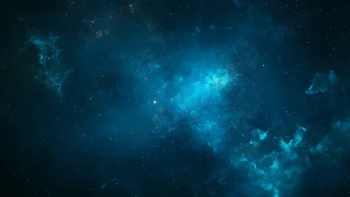 Blue nebula cloud fills deep space field with bright stars