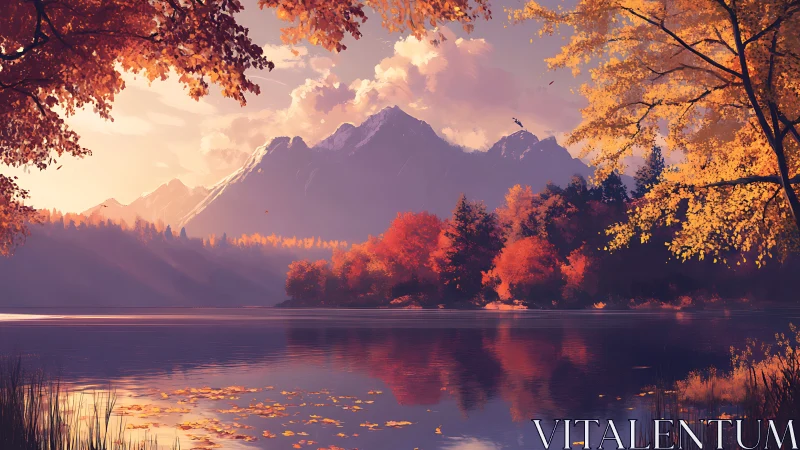 Golden autumn lake beneath peaceful mountain glow.