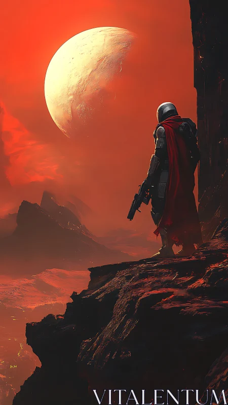 Lone armored wanderer surveys a blazing alien horizon.