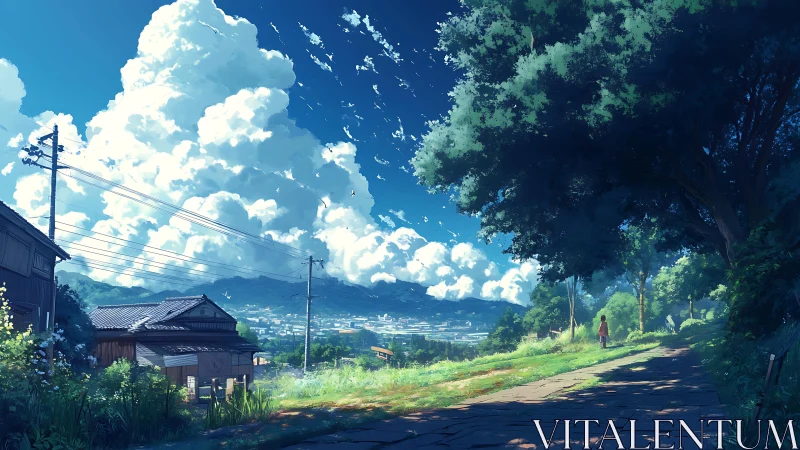 Summer hillside path overlooking bright drifting clouds.