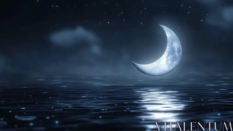 Crescent moon hovering low over dark reflective water.
