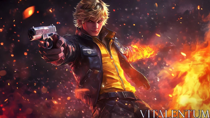 Blond action hero aiming pistol amid swirling firestorm.