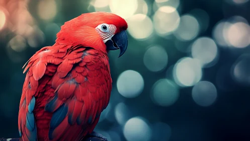 Vibrant Red Parrot Portrait with Soft Bokeh Background.