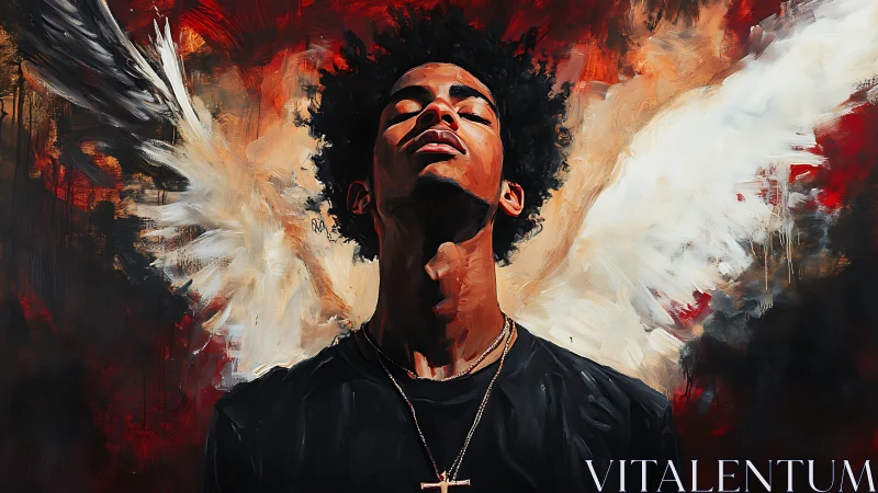 Winged portrait with upward gaze in expressive brushwork.