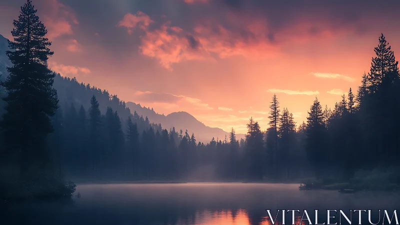 Misty pine forest lake reflects vivid mountain sunrise sky
