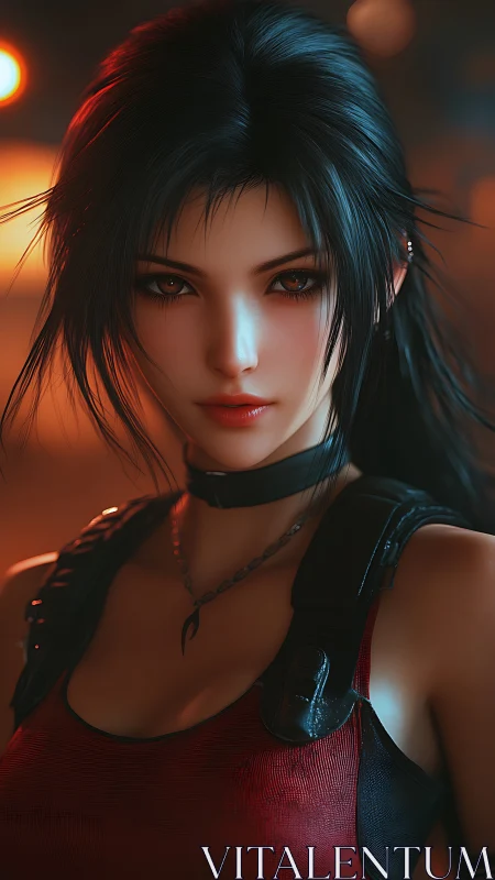 Ember-eyed rogue heroine beneath neon city embers.