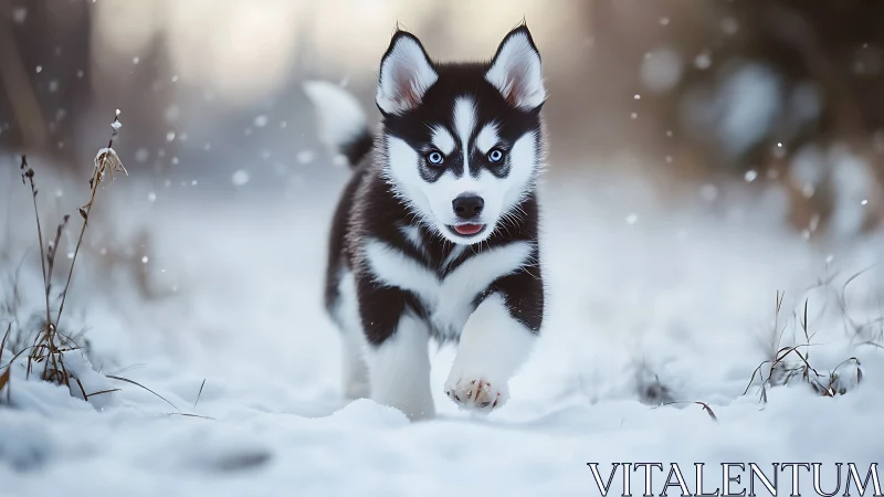 Siberian husky puppy moving forward through winter snowfield.