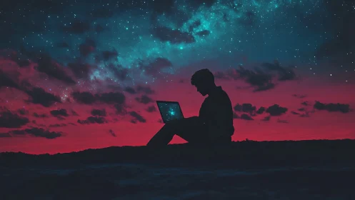 Silhouette of a night coder beneath a neon galaxy sky.