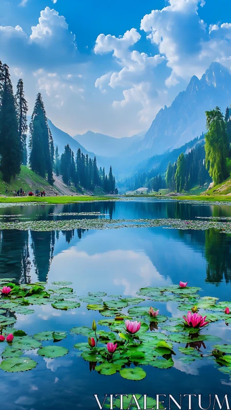 Mountain lake reflects lilies and pines under bright sky
