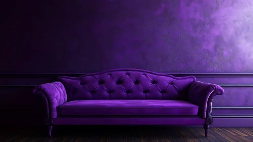 Velvet purple sofa anchors monochrome interior wall study.