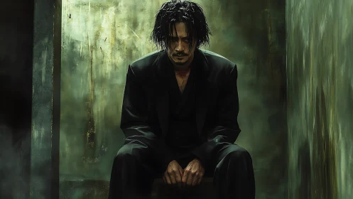 Brooding man in a dim green room finding quiet resolve.