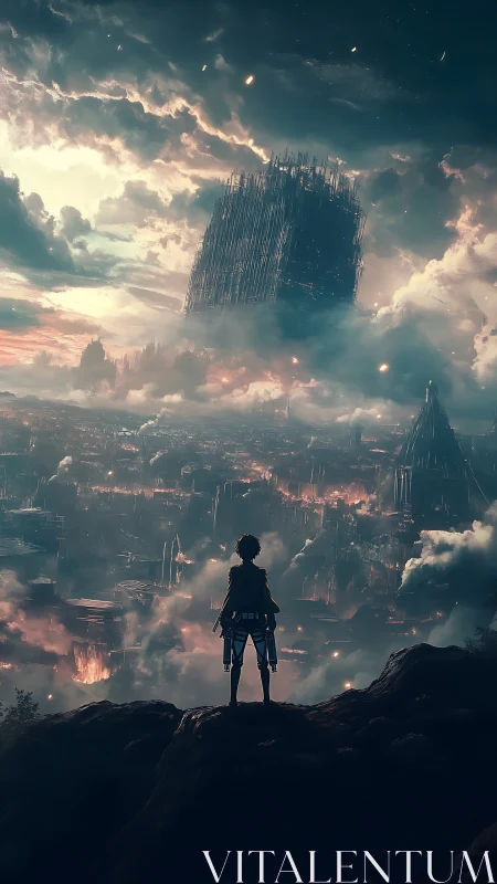 Lone warrior confronts a burning sci fi city beneath storm clouds