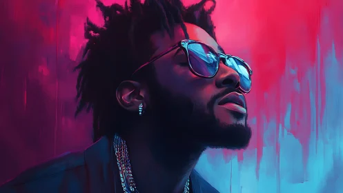 Neon-lit portrait with reflective sunglasses and dual color wash.